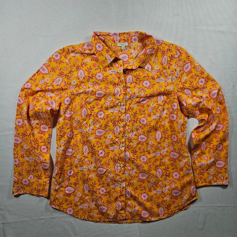 Talbots Womens Orange Floral Long Sleeve Button Down Shirt Large 100% Cotton
